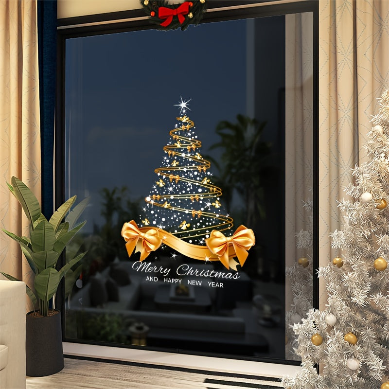 Get ready for the holidays with our festive Golden Christmas Tree static cling sticker! This UV printed sticker with a big bow is the perfect decoration for your bedroom, living room, or window. Made of waterproof PVC, this sticker is removable and