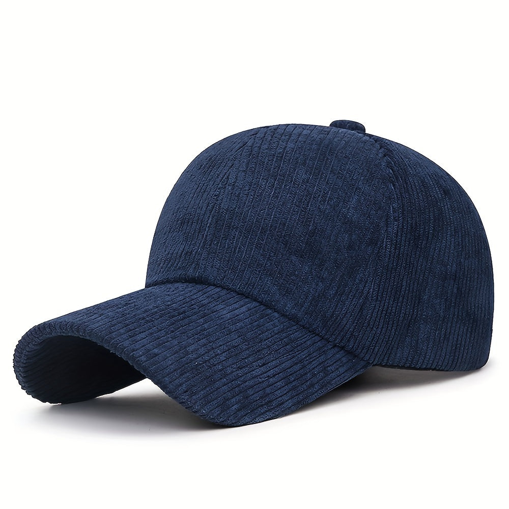 Striped corduroy baseball cap, adjustable snapback, breathable, machine washable, available in multiple colors.