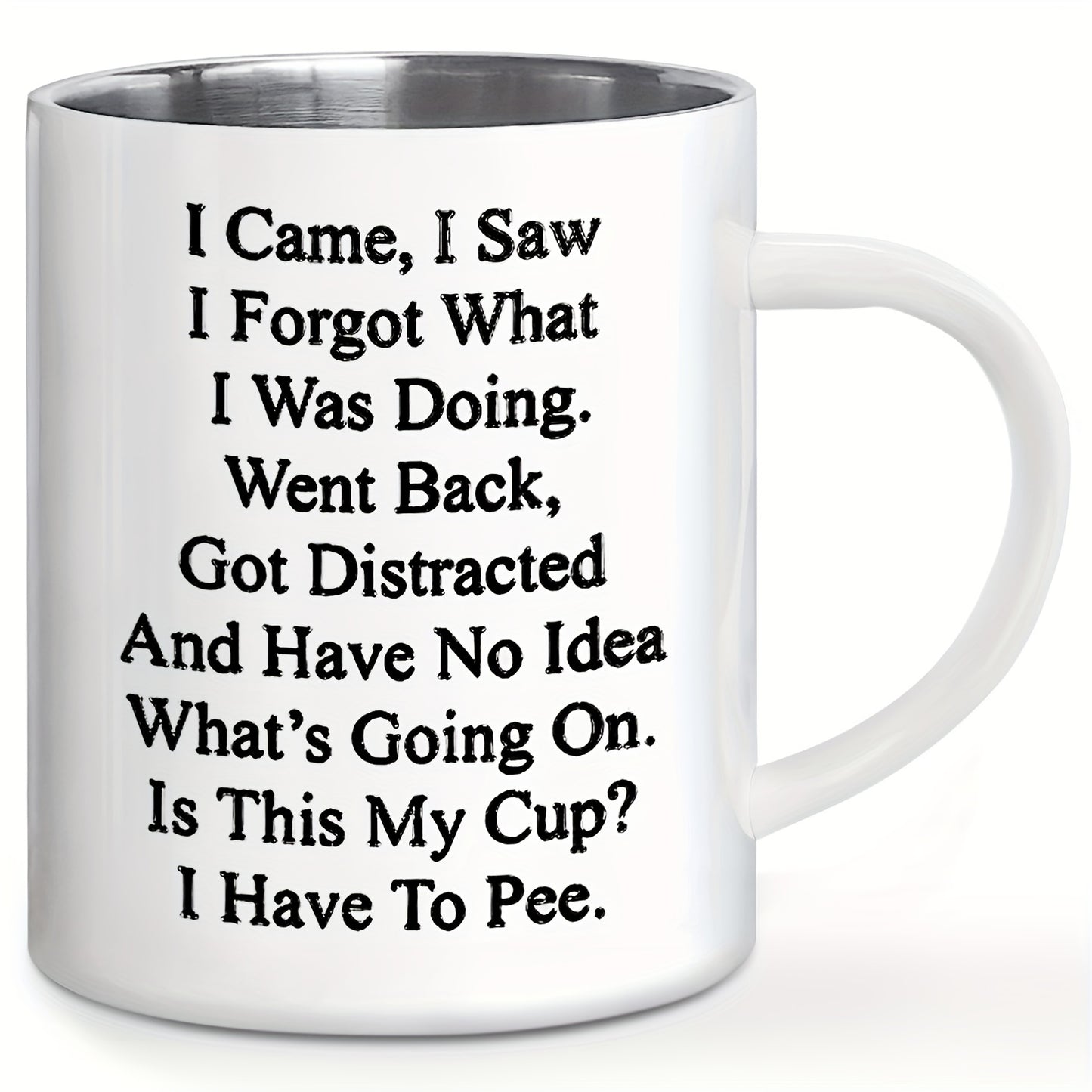 Humorous senior camping coffee mug - 11oz stainless steel with handle. Ideal gift for elderly parents and grandparents on special occasions. BPA-free and reusable.