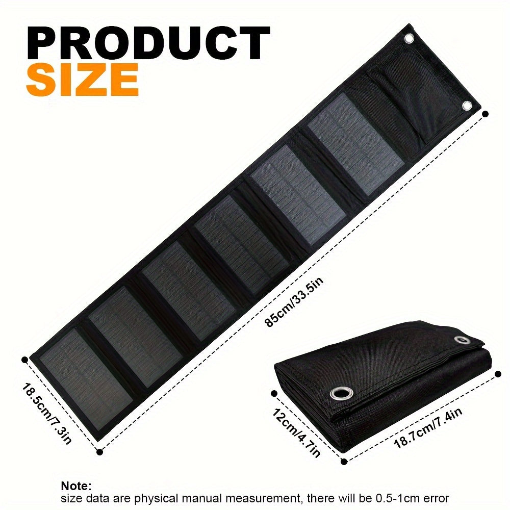 60W Portable Folding Solar Panel Charger with USB for phone charging, with carabiner and cable, from Smaraad Renewable.