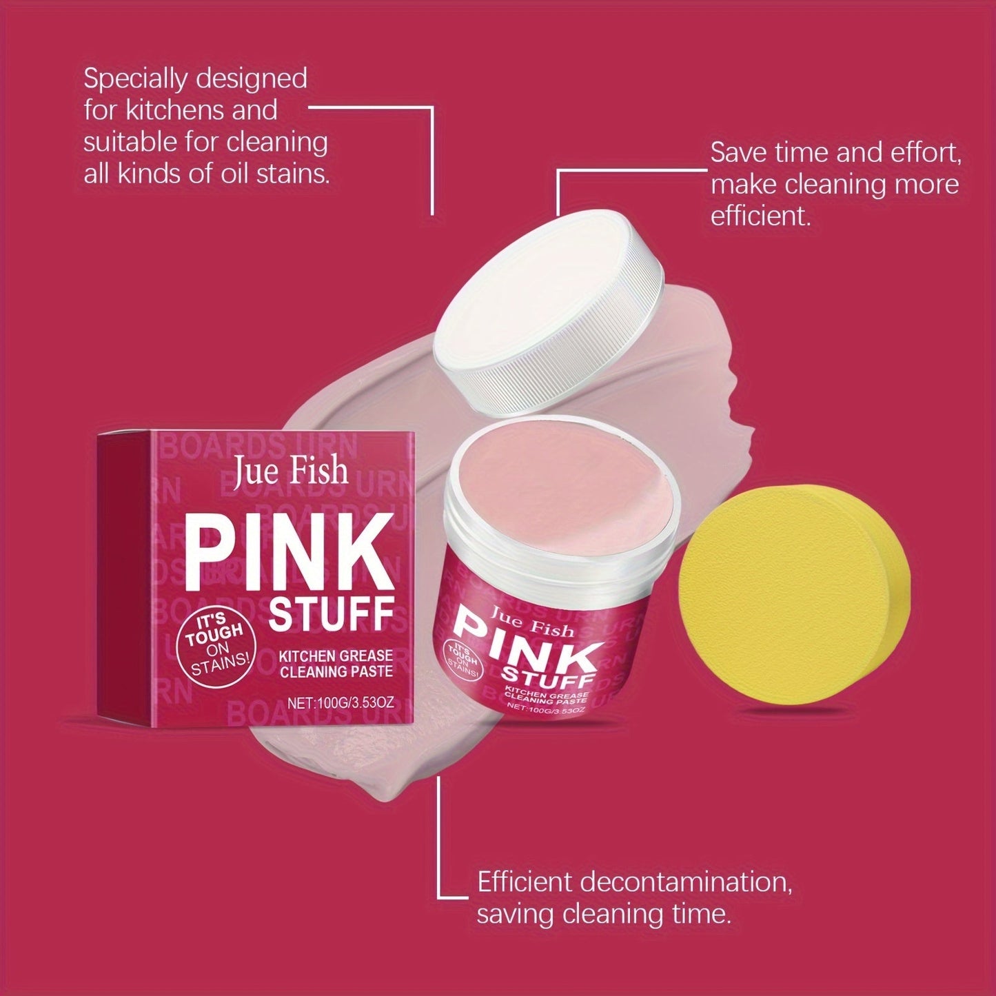 Pink Stuff Kitchen Grease Remover Cream is a 100g residue-free multi-surface cleaner that comes with a sponge. Infused with coconut oil, it effectively removes stubborn stains on wood, plastic, glass, metal, and ceramic surfaces.