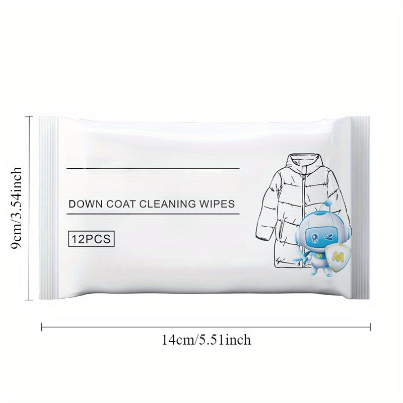 12 portable down jacket cleaning wipes - no rinse, stain remover for clothes and fabric.