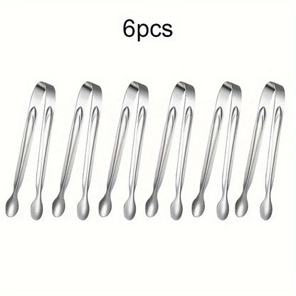 Set of 6 stainless steel mini tongs for serving appetizers, sugars, and ice. Perfect for buffets, bars, BBQs, and catering.