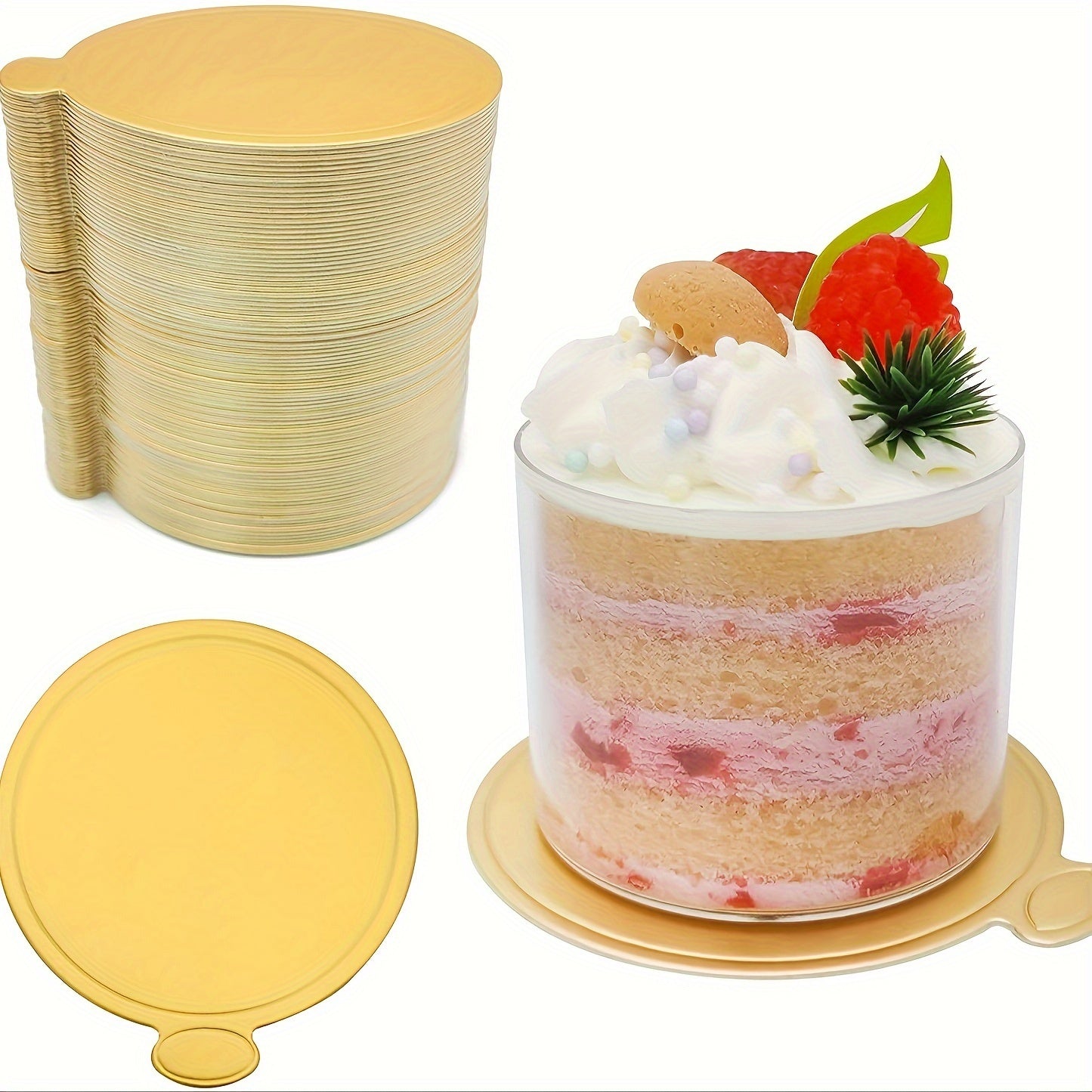 Golden cardboard mini cake bases, ideal for serving mousse desserts at weddings, birthday parties, and other special occasions. Each pack includes 50/100 round disposable paperboard cupcake boards for elegant party displays.