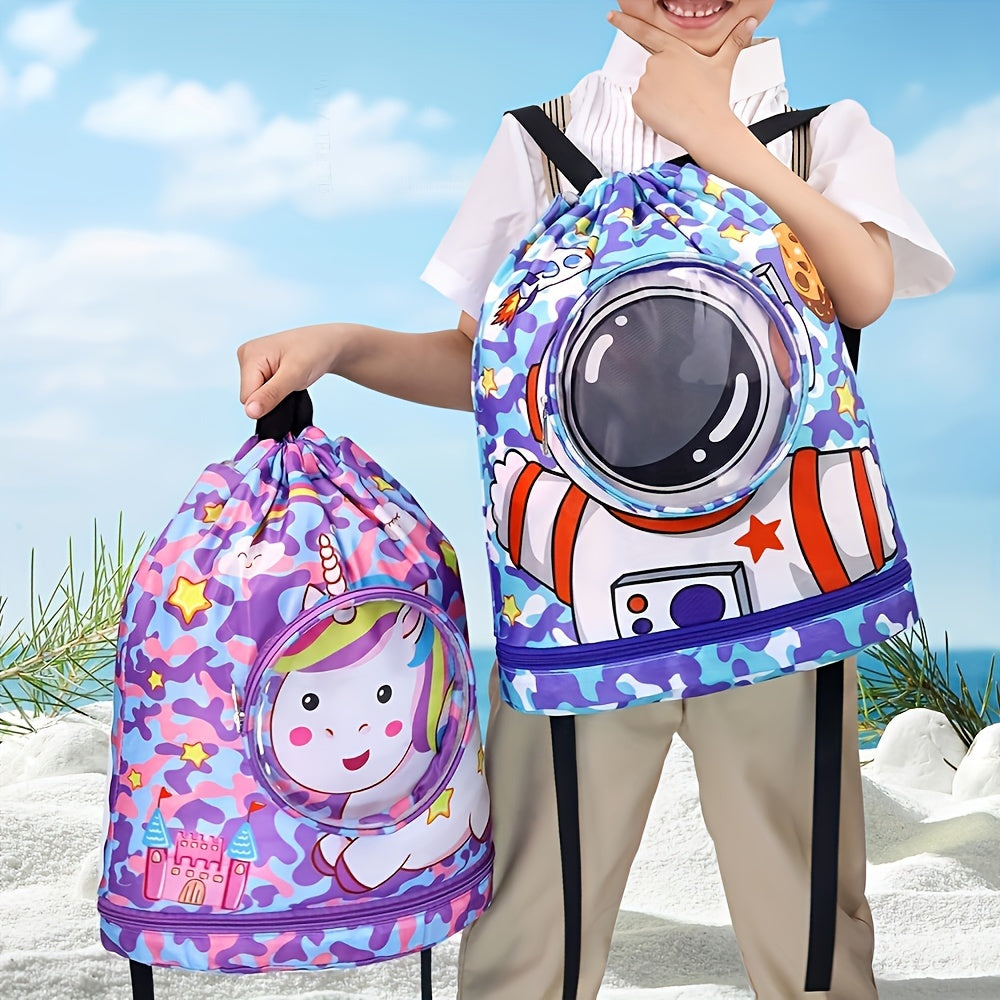 Purple swim bag with dry/wet separation, stylish cartoon design, ideal for sports and travel.