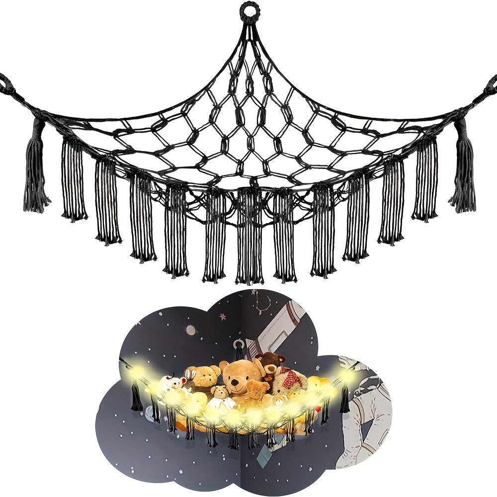 Large Capacity Black Bohemian Style Animal Hammock Hanging Net, Perfect for Storing Items in the Living Room or Bedroom for Decorative Purposes.