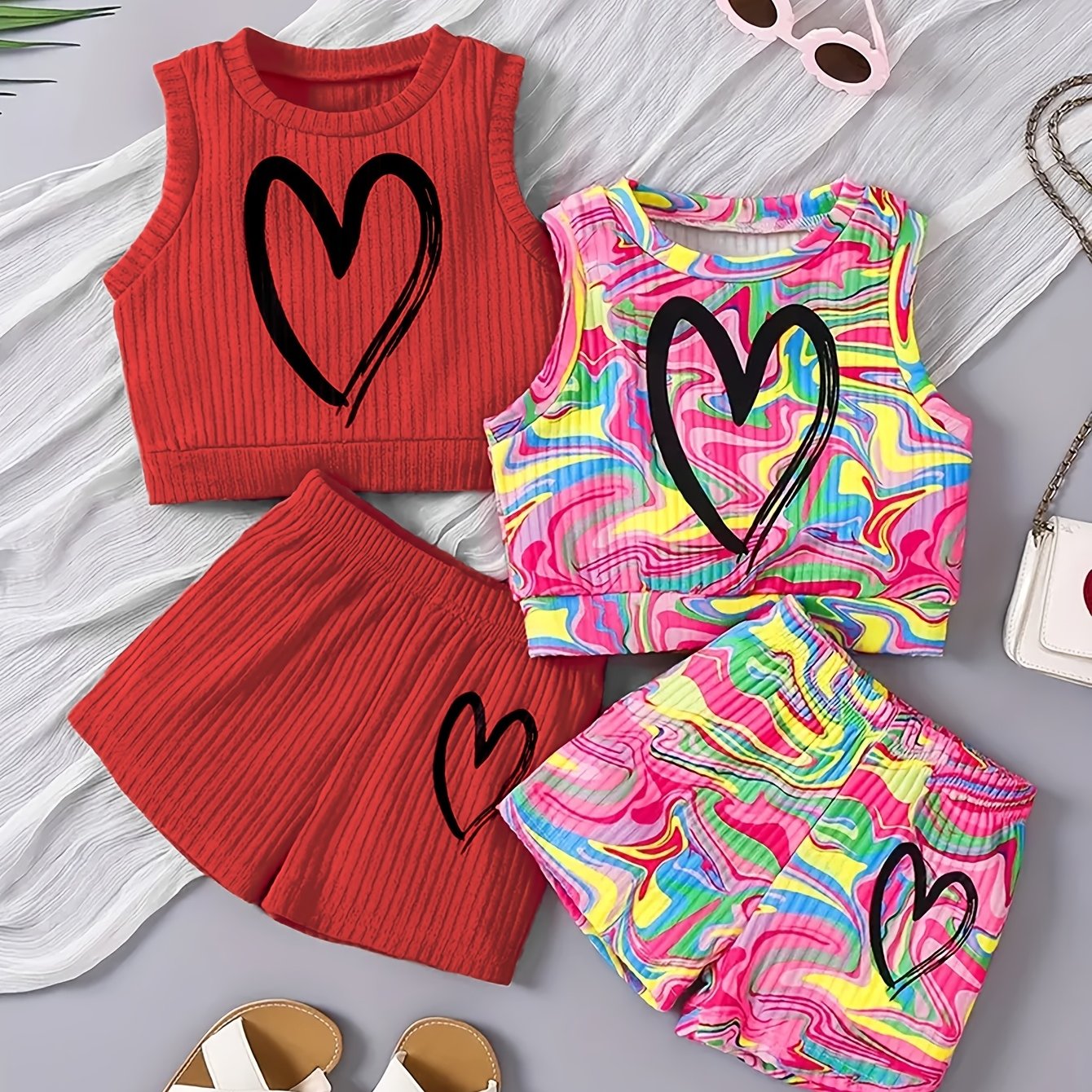 4-piece girls' summer outfit set featuring a strapless heart print tank top and shorts. Made of casual polyester knit fabric with medium stretch for a loose fit. Ideal for outdoor