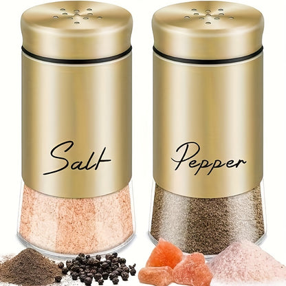 Glass bottom salt and pepper seasoning jars with stainless steel lids, ideal for use in kitchens, camping, RVs, and barbecues. Fillable design, set includes 2 pieces.