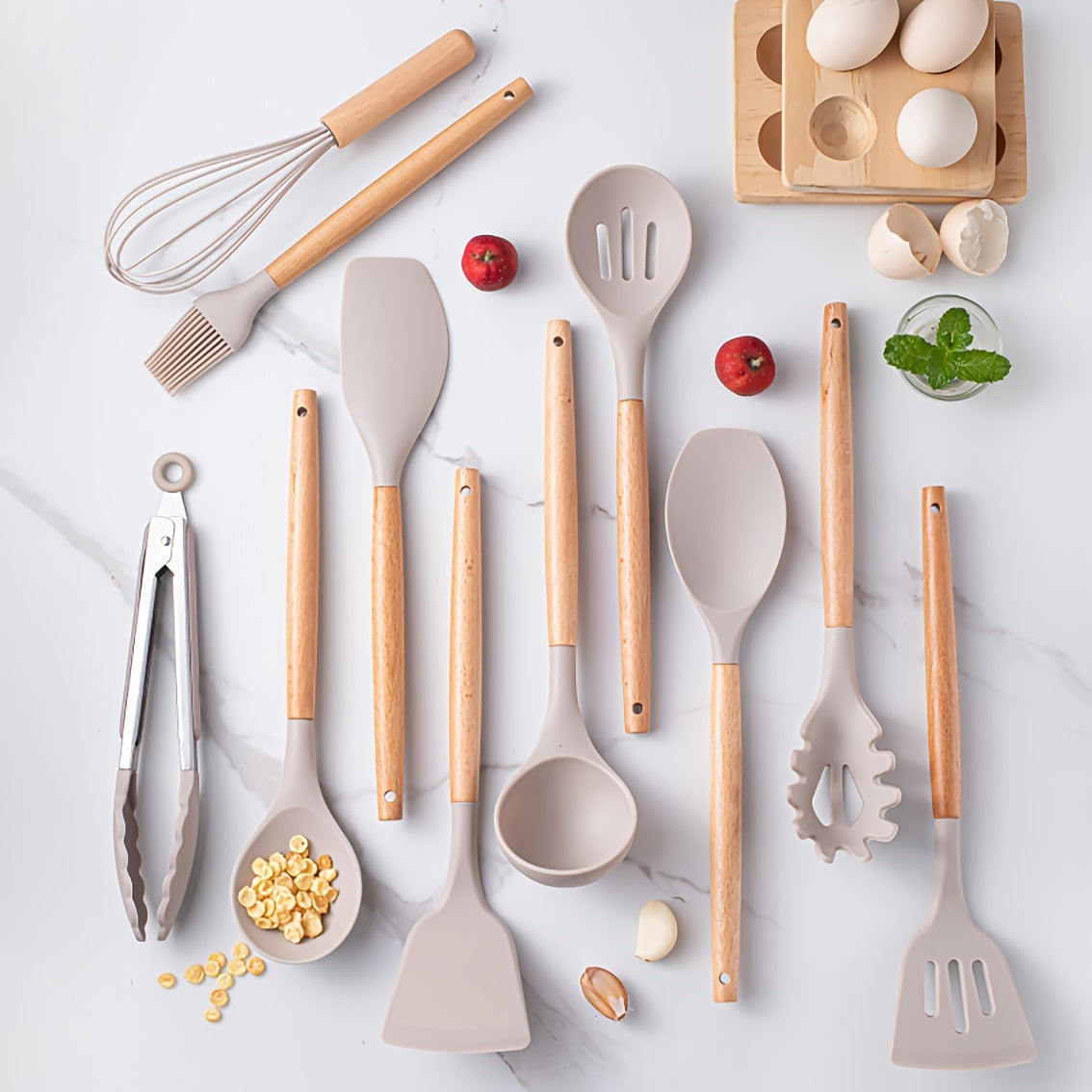 Silicone Kitchen Utensil Set with Wooden Handles - 12 Piece Heat Resistant Cooking Tools Including Turner, Tongs, Spatula, Spoon, Brush, Whisk - BPA Free Grey Kitchen Gadgets with Holder for Nonstick Pans