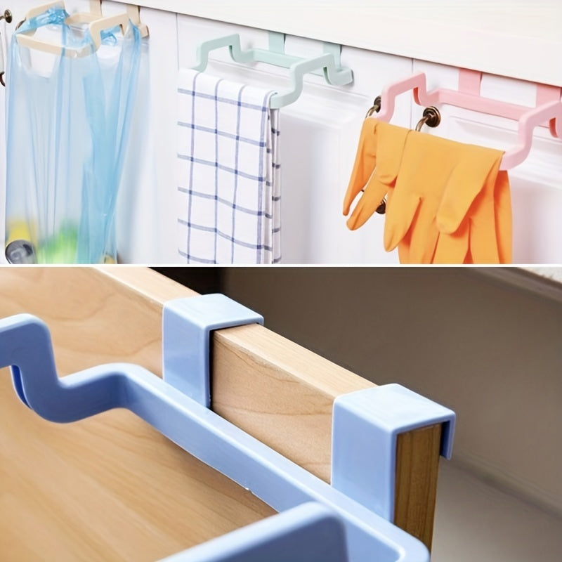 Reusable plastic bag holder rack for kitchen, pantry, garage, and bathroom that fits over a cabinet.