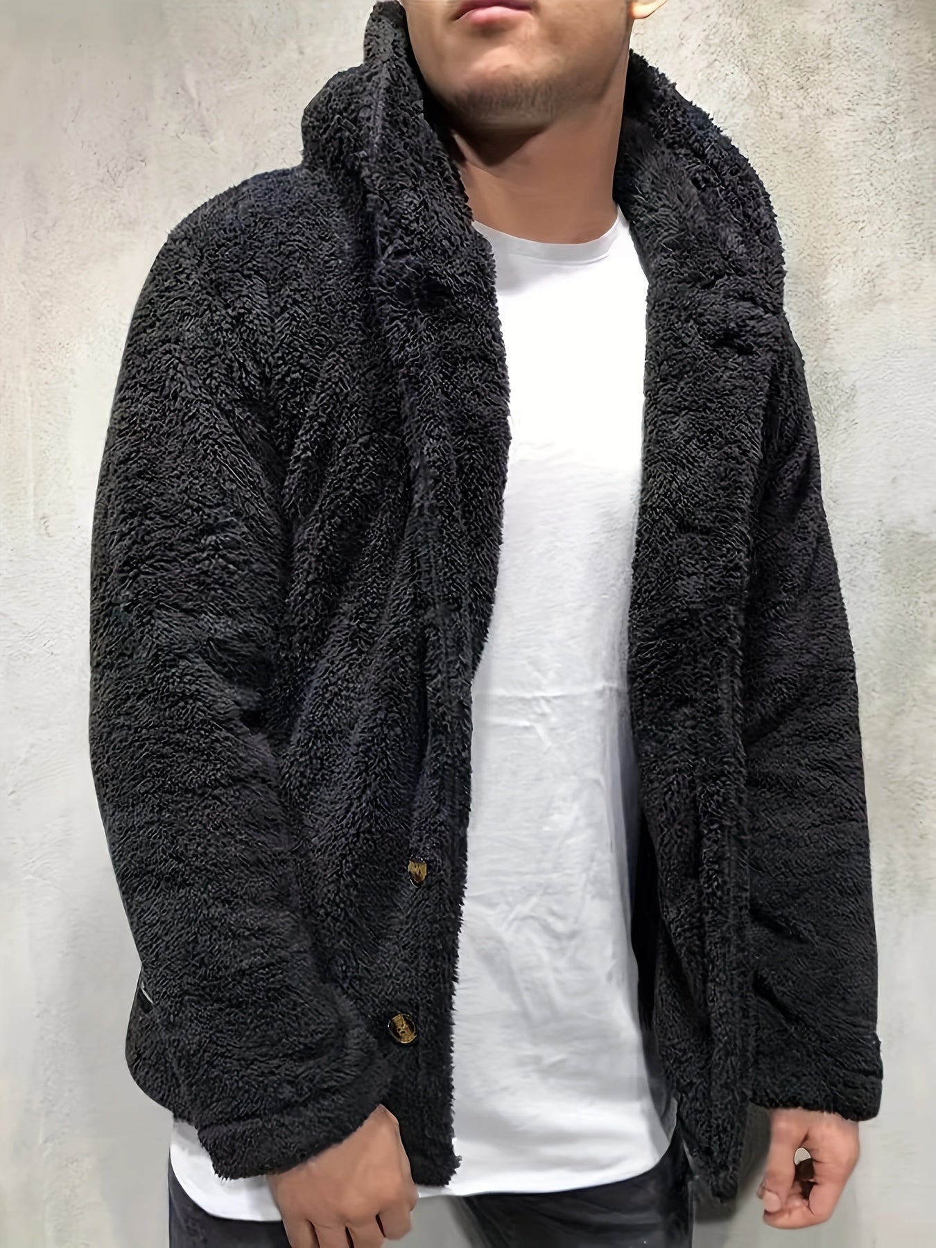 Warm and cozy brown faux fur hooded cardigan with button pockets for men, perfect for fall and winter. Comfortable and casual plus size outerwear in plush polyester.