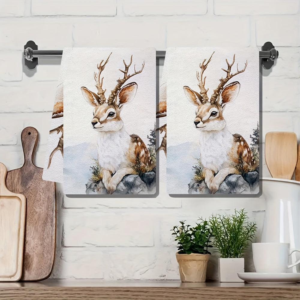 Set of 2 Ultra Soft Kitchen Towels with Rustic Jackalope Design - Highly Absorbent and Machine Washable Dish Hand Towels in Contemporary Coastal Style. Made from Polyester, measuring 40.64x60.96 cm. Perfect for Holiday Decor and Dish Towels.