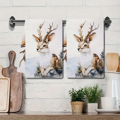 Set of 2 Ultra Soft Kitchen Towels with Rustic Jackalope Design - Highly Absorbent and Machine Washable Dish Hand Towels in Contemporary Coastal Style. Made from Polyester, measuring 40.64x60.96 cm. Perfect for Holiday Decor and Dish Towels.