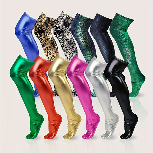 Golden over-the-knee socks with shiny, reflective PU material.