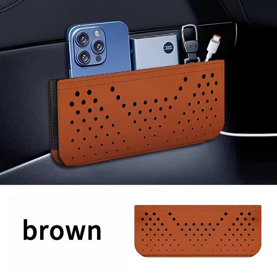 Car Dashboard Organizer with Adhesive, Faux Leather Storage Pouch for Phone, Cards, Keys, Glasses; Vehicle Cup Holder.