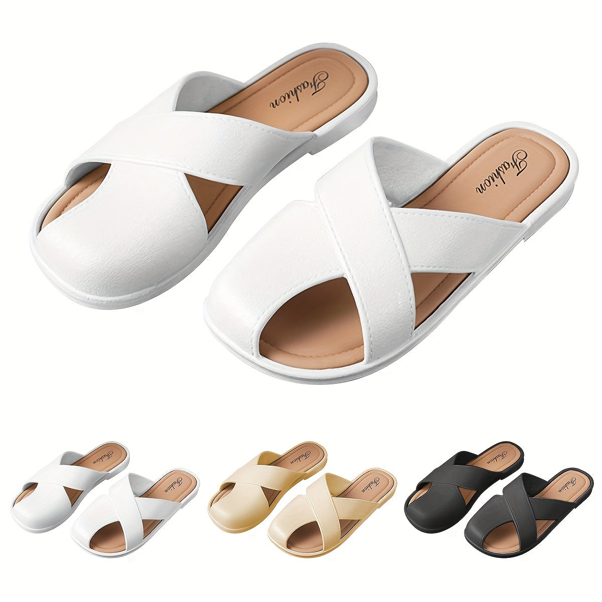 Stylish women's sandals with cross strap design, breathable PVC cover, flat heel. Available in white, beige, black. Perfect for vacations.