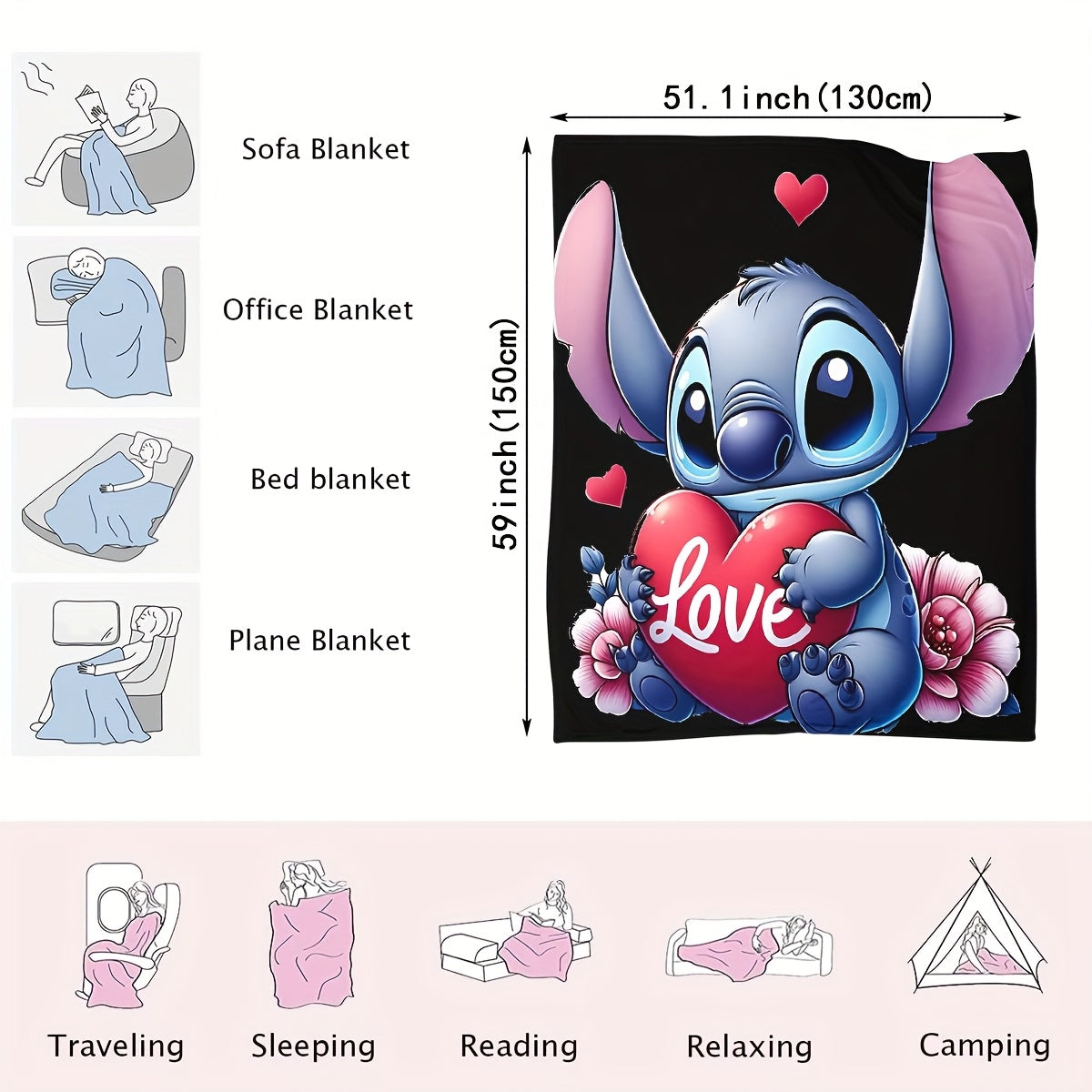 This Flannel Throw Blanket features a cute Stitch Cartoon Love Heart design, making it a perfect addition to any room. It is made of soft and cozy all-season multipurpose digital print fleece, crafted from 100% polyester and weighing 200-250g. The