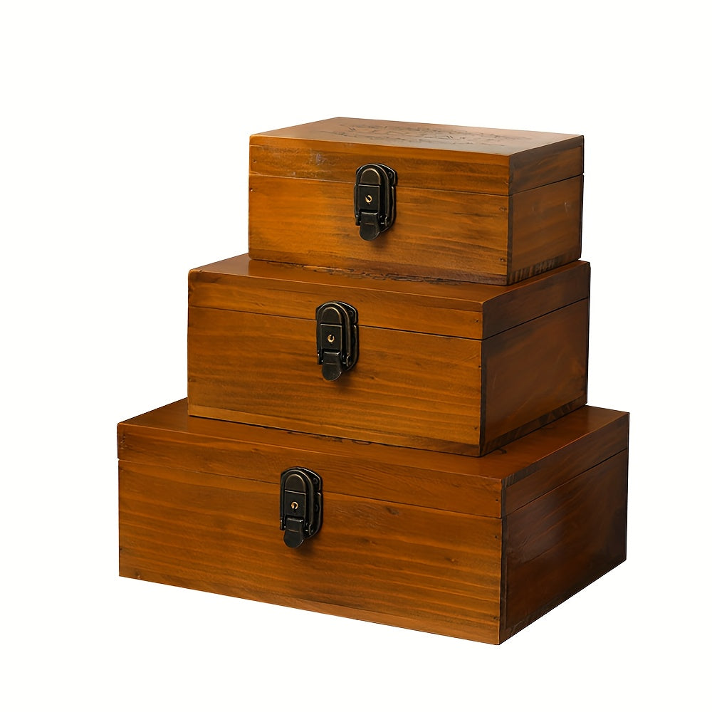 Handcrafted wooden storage box with lock for desk organization, not waterproof, suitable for cosmetics, sundries, and documents.