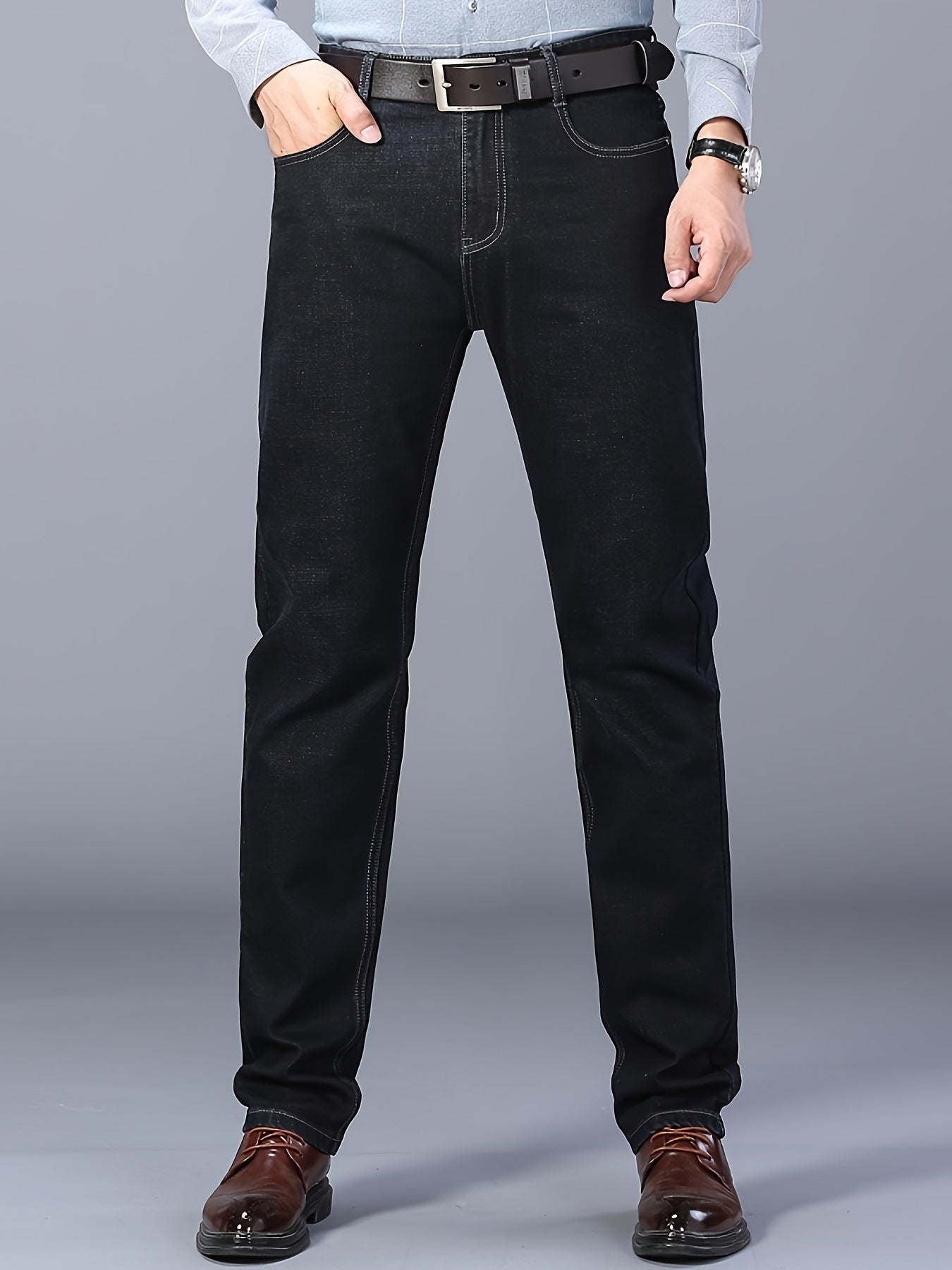 Straight leg denim jeans with classic design, slightly stretchy for versatility in business and leisure wear.