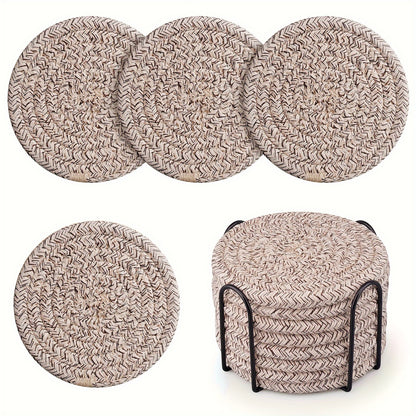 Set of 8 round cotton woven drink coasters with holder, absorbent and ideal for protecting dining tables and adding to home decor. Great housewarming gift.