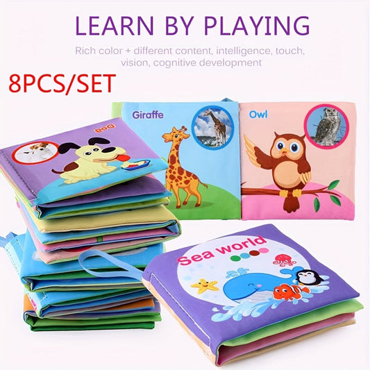 Get a set of 8 soft cloth baby books in colorful fabrics including Ocean, Animals, Dressing, Transportation, Fruits, Vegetables, and more. Each book features touch and feel textures and crinkle sounds. Perfect for Halloween, Thanksgiving, Christmas, and