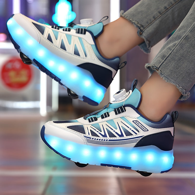 Skate shoes for youth with LED lights, four-wheel detachable design, trendy street fashion, random pattern, suitable for all seasons and sports scenes like roller skating. Features rotary