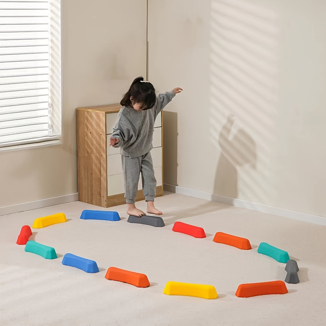 8-piece set of Stepping Stones and Balance Blocks in red, green, blue, and yellow, made of durable PP material for indoor/outdoor use. Perfect for youngsters' fitness and sensory play.