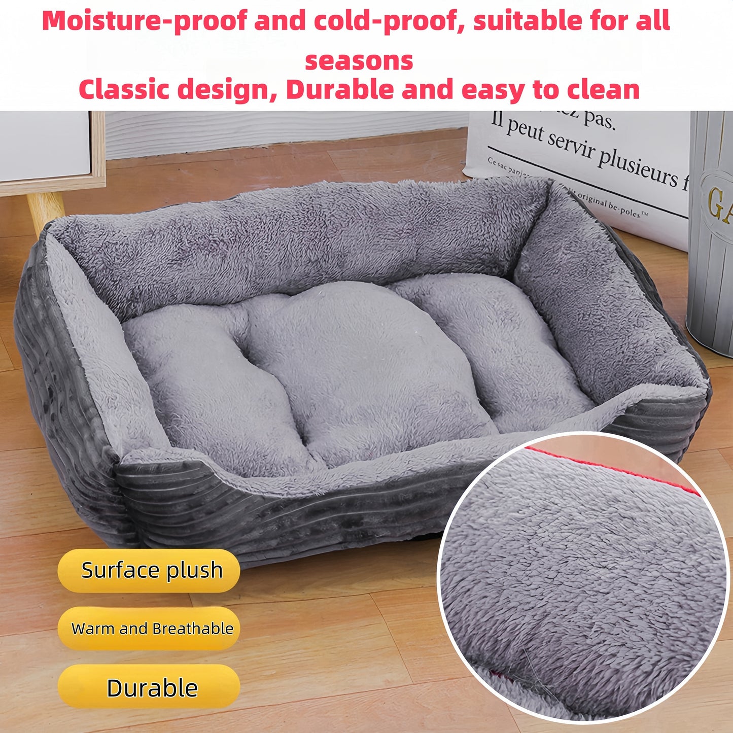 YIWANG Luxury Square Pet Bed, Polyester Fiber, Non-Slip Moisture-Proof, All-Season Warm Dog & Cat Bed for all breeds - Gray XL