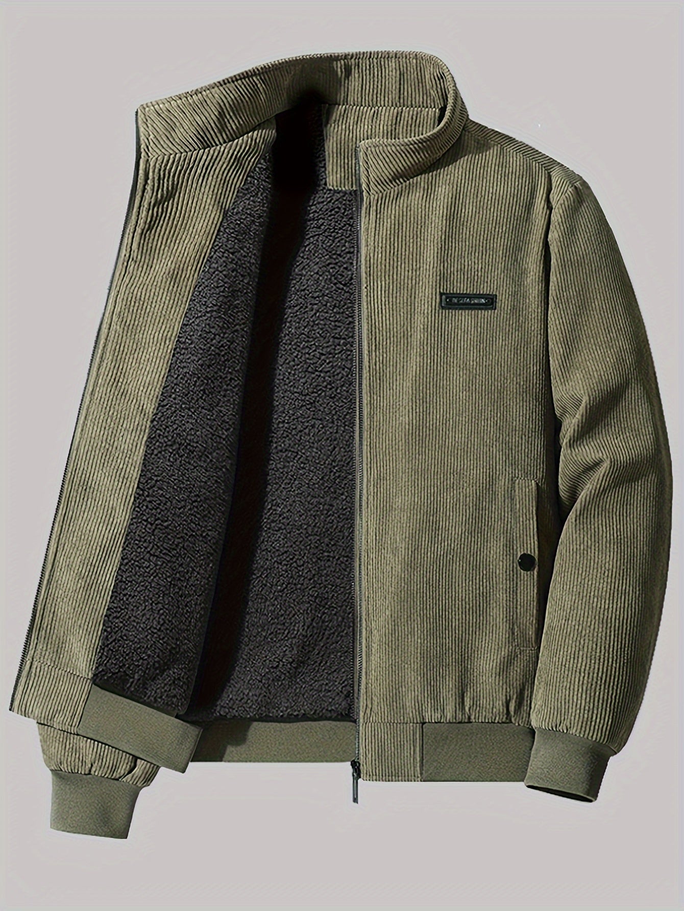 Men's Casual Corduroy Stand-up Collar Zipper Jacket with Pockets, Chic Fleece-lined Bomber Jacket for Outwear