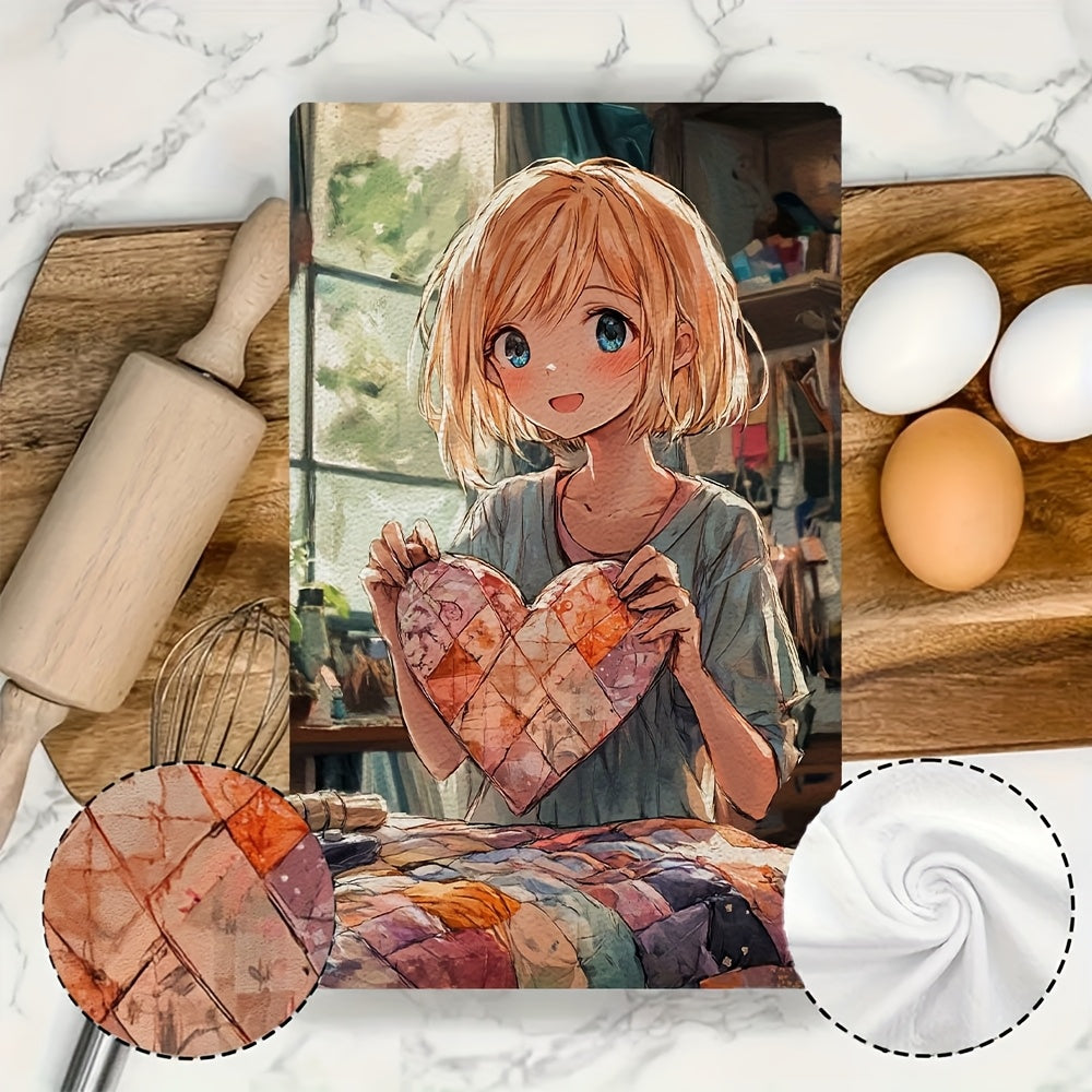 Set of 2 Kitchen Towels featuring an Anime Girl with Short Blonde Hair creating a Heart Shaped Quilt. These Ultra Soft and Highly Absorbent Dish Hand Towels are perfect for holiday decor. Machine Washable and measuring 16x24 inches. Item number