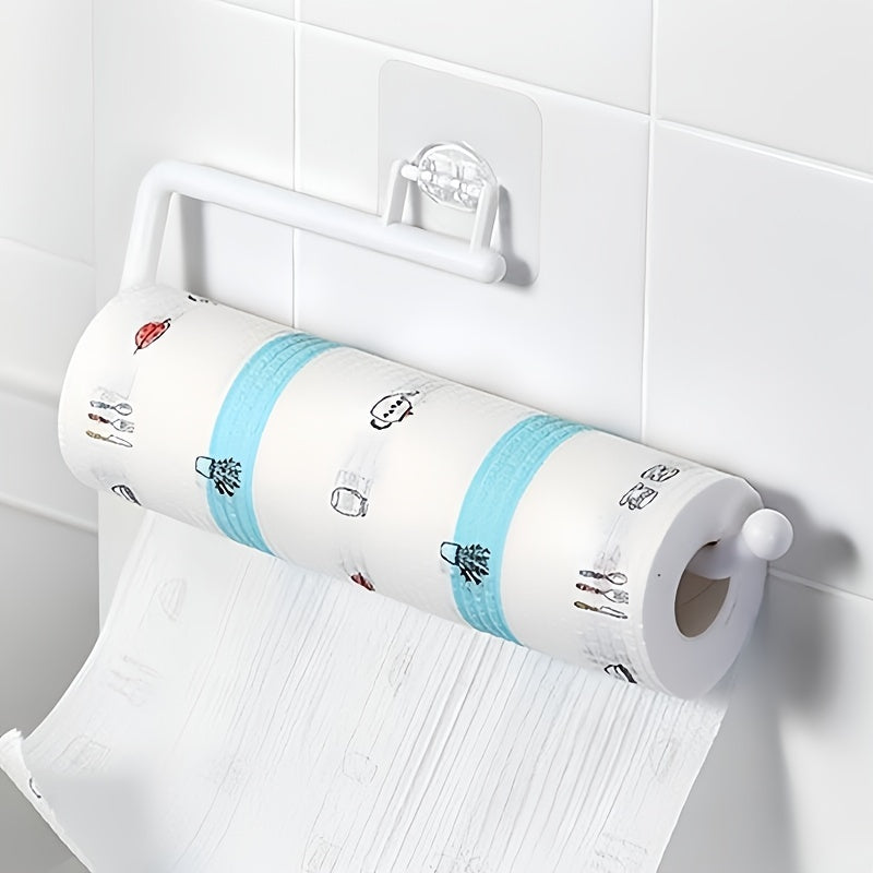 Wall mount kitchen paper towel holder made of plastic - also serves as a dispenser for toilet rolls, storage rack for cling film, and organizer for rags. This space-saving bathroom accessory is versatile and practical.