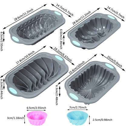 Set of 4 Silicone Baking Molds - Non-Stick, Flexible Loaf Pans featuring Lotus, Spiral, Braided, and Classic Fluted designs for Cakes, Breads, Meatloaf, Quiche, and more. Ideal for Holiday Parties and Gifting.