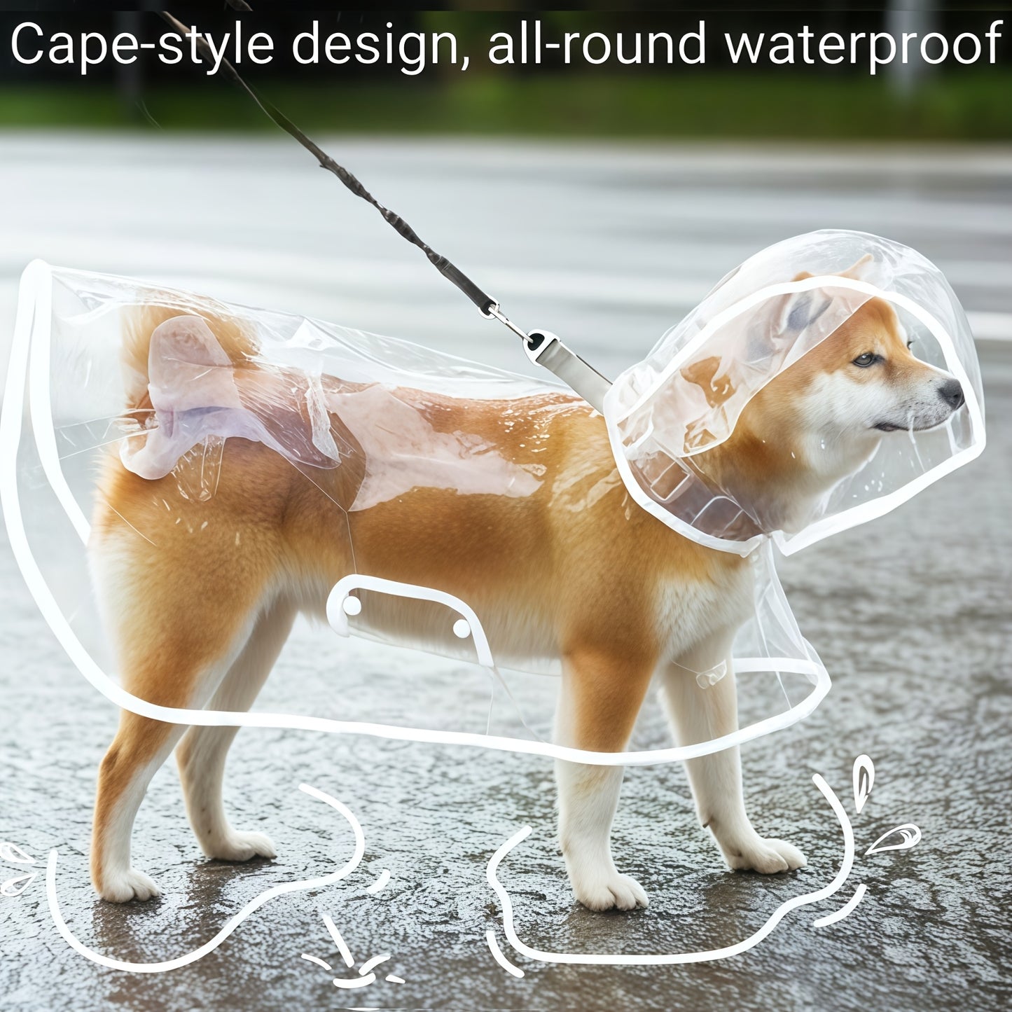 Waterproof dog raincoat made of ABS & PVC, hand wash, press buckle closure, suitable for all breed sizes.