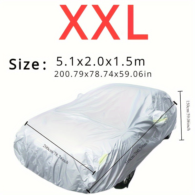 Car cover with UV and dust protection, suitable for cars, pickups, SUVs, and hatchbacks. Features reflective strip for added protection. Suitable for outdoor use.