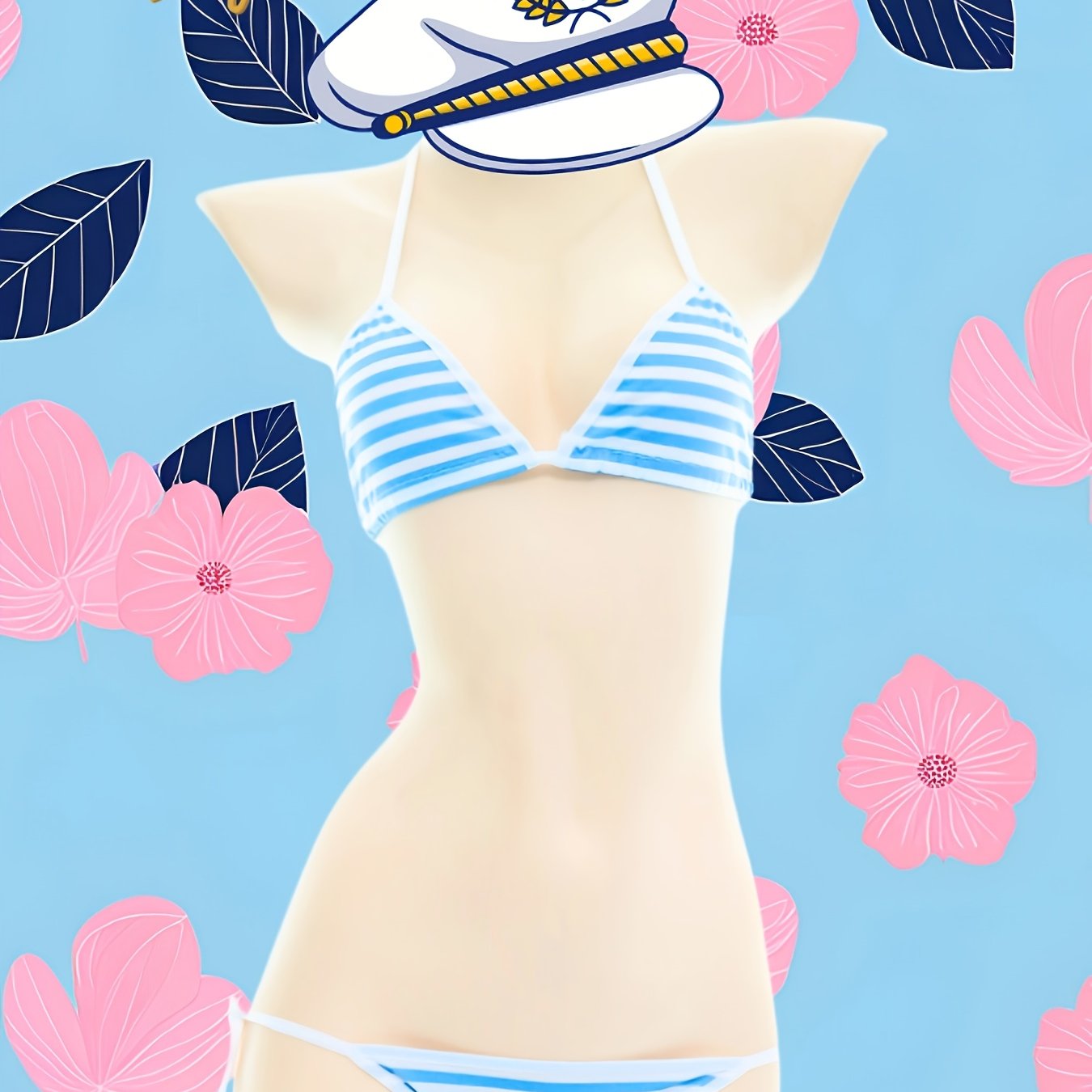 Cute blue and white striped bikini inspired by Deadpool, perfect for Valentine's Day student cosplay, featuring adjustable tie straps and a three-point style.