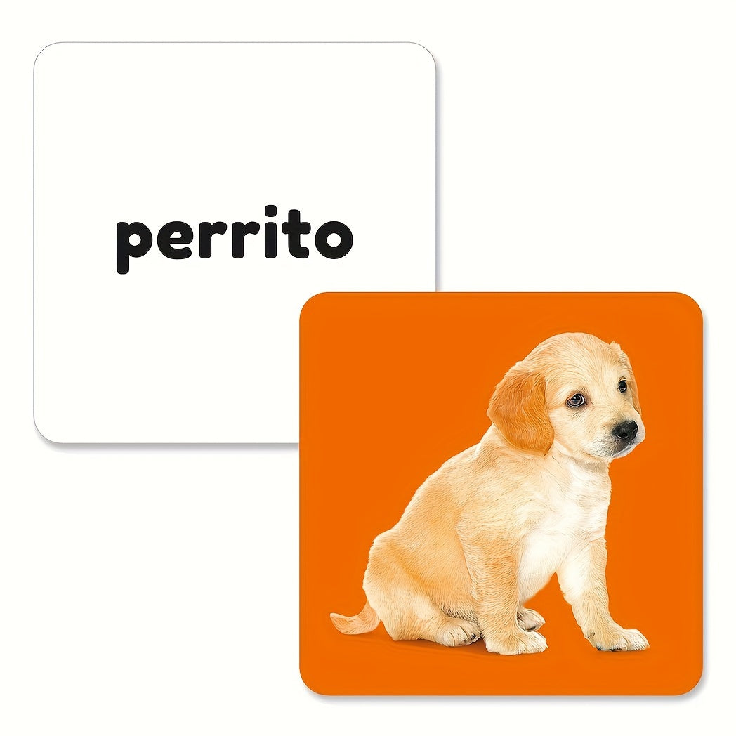 54 Spanish children's animal word learning cards with corresponding image cards, featuring small animals and rounded corners for safety.