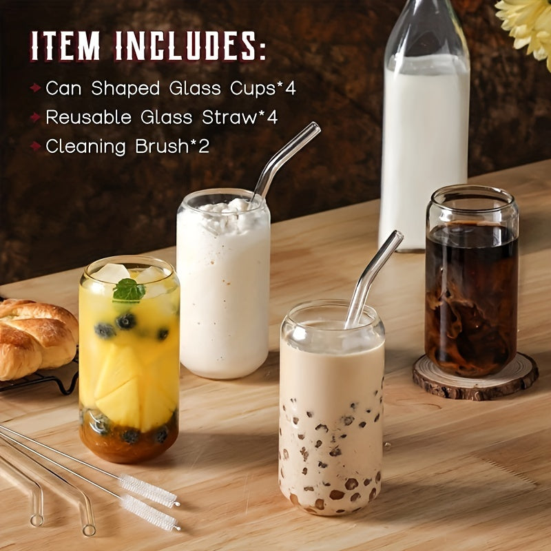 Glass cups in sets of 2, 4, and 6, can-shaped water cups, 400ml ice coffee cups, cute tumbler cups. Perfect for smoothies, boba tea, whiskey, and all types of drinks. Ideal for summer and winter.