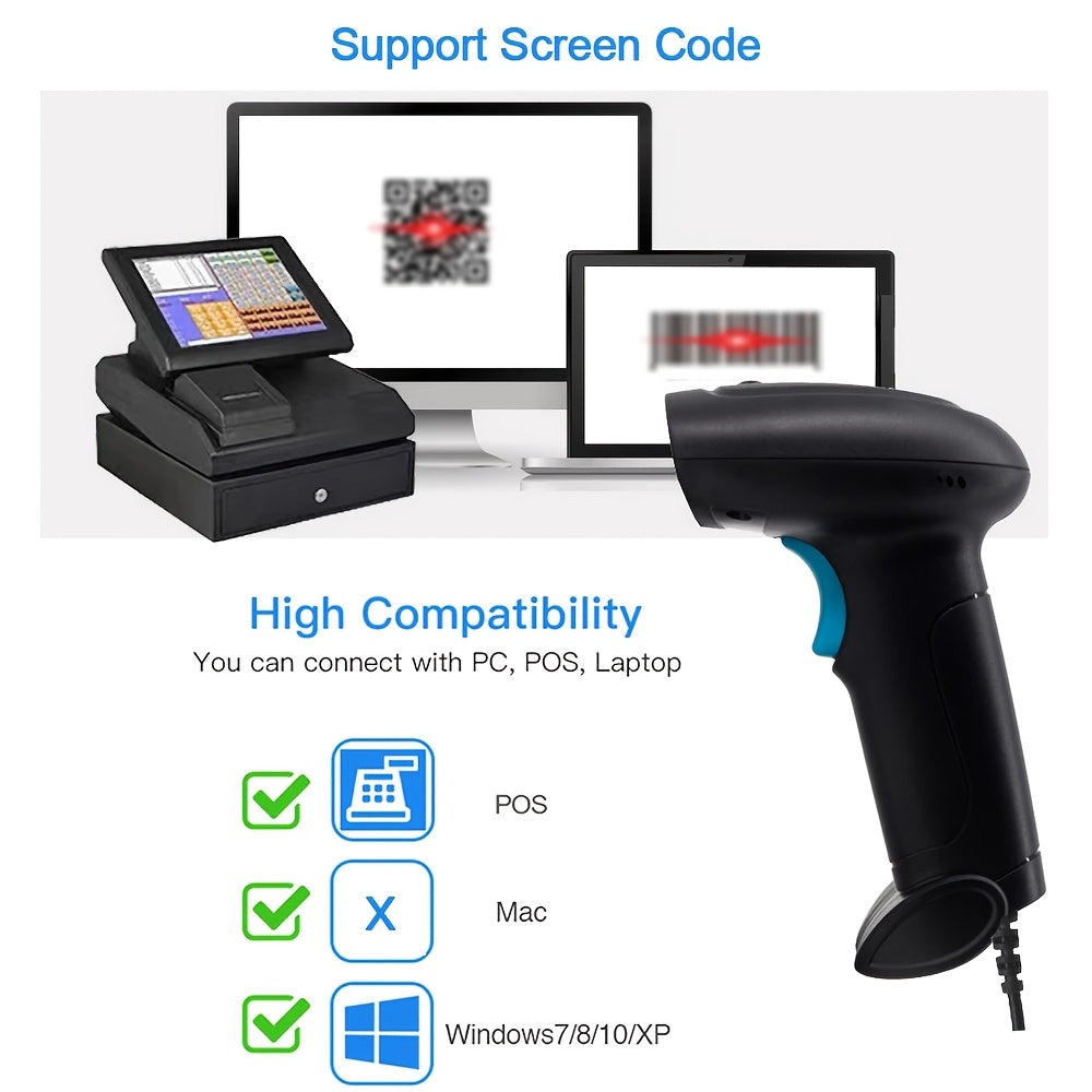 Handheld 2D barcode scanner with USB wired and wireless connection, ideal for retail, warehouse, and mobile payments. Features high-performance CMOS sensor, portable and rechargeable