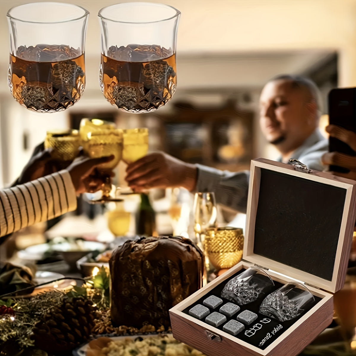 Engraved Glasses Whiskey Stones Gift Set - Includes Reusable Granite Ice Cubes, Wooden Storage Box, Drawstring Bag - Perfect for Father's Day, Anniversaries, Birthdays and Whiskey Lovers