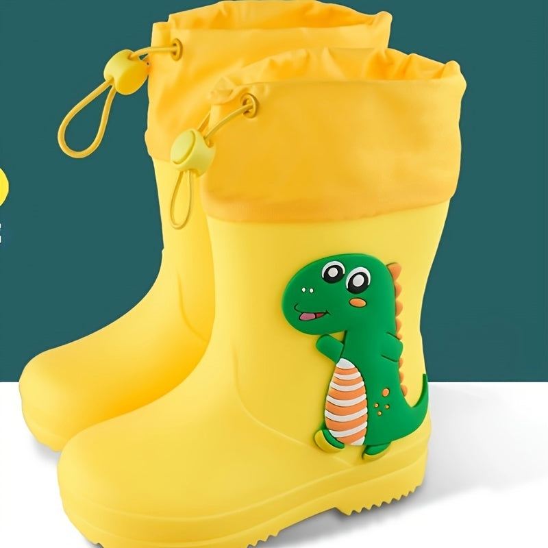 Durable PVC mid-calf youngsters' cartoon rain boots with drawstring closure. Waterproof, anti-slip, and perfect for outdoor activities. Ideal for boys and girls.