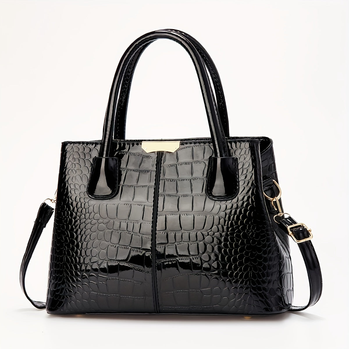 Elegant black crocodile pattern handbag with adjustable strap and zipper closure - perfect Mother's Day gift.