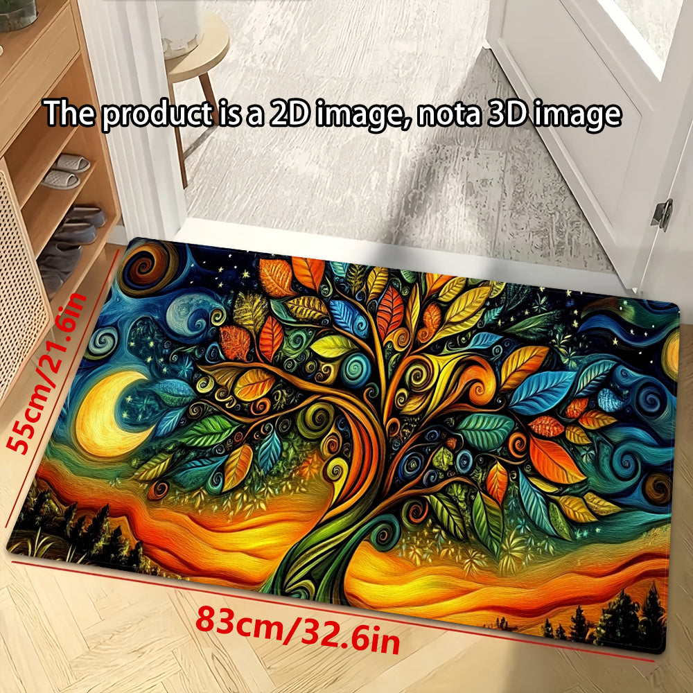 Kitchen Mat with Vibrant Abstract Tree Design - This 1pc mat is waterproof, anti-slip, and super absorbent, made of polyester that is machine washable. Perfect for use in kitchens, corridors, home offices, sinks, laundry rooms, and on kitchen floors.