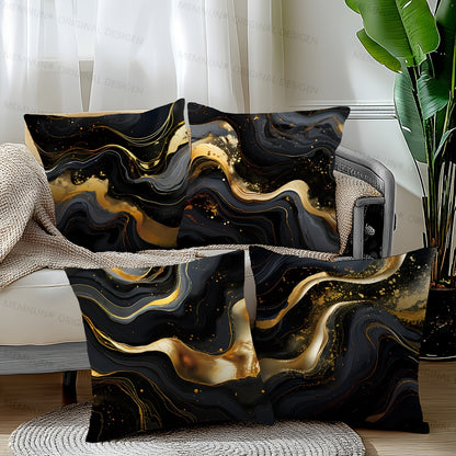 Set of 4 Black and Gold Fluid Painting Pillow Covers, Contemporary Style, 100% Polyester, Home Decoration, 17.71''x17.71''/45cm*45cm