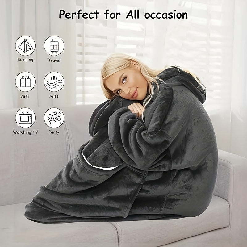 Stay warm and cozy with our Ultra-Soft Black Flannel Hooded Blanket featuring a large pocket. This reversible design is perfect for both indoor and outdoor use, making it ideal for activities such as watching TV, browsing phones, snuggling with pets, and