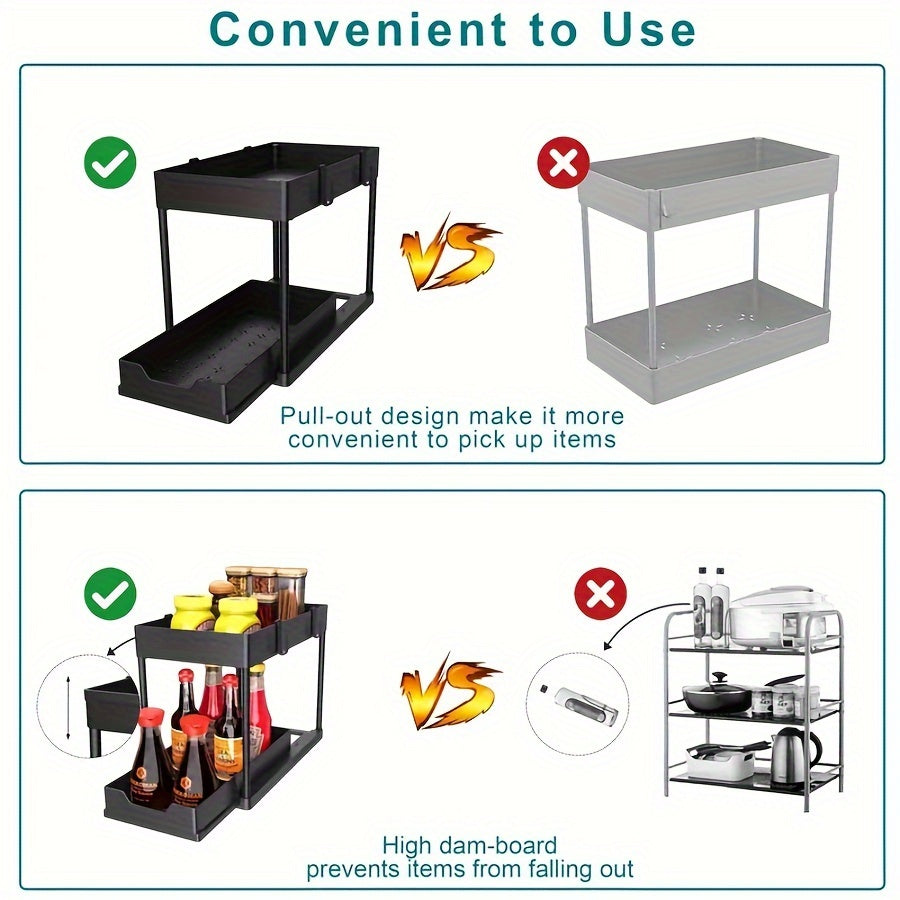 Plastic kitchen organizer rack with tiered shelf and pull-out storage for easy cleaning. Great for kitchen or bathroom.