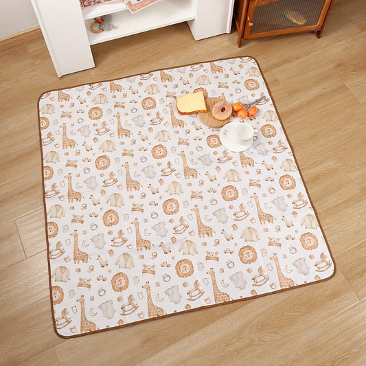 Washable polyester floor mat with non-slip backing, ideal for protecting floors from high chair splats and dining table messes. Can also be used as a cushion for indoor or outdoor baby play, and is easily portable.