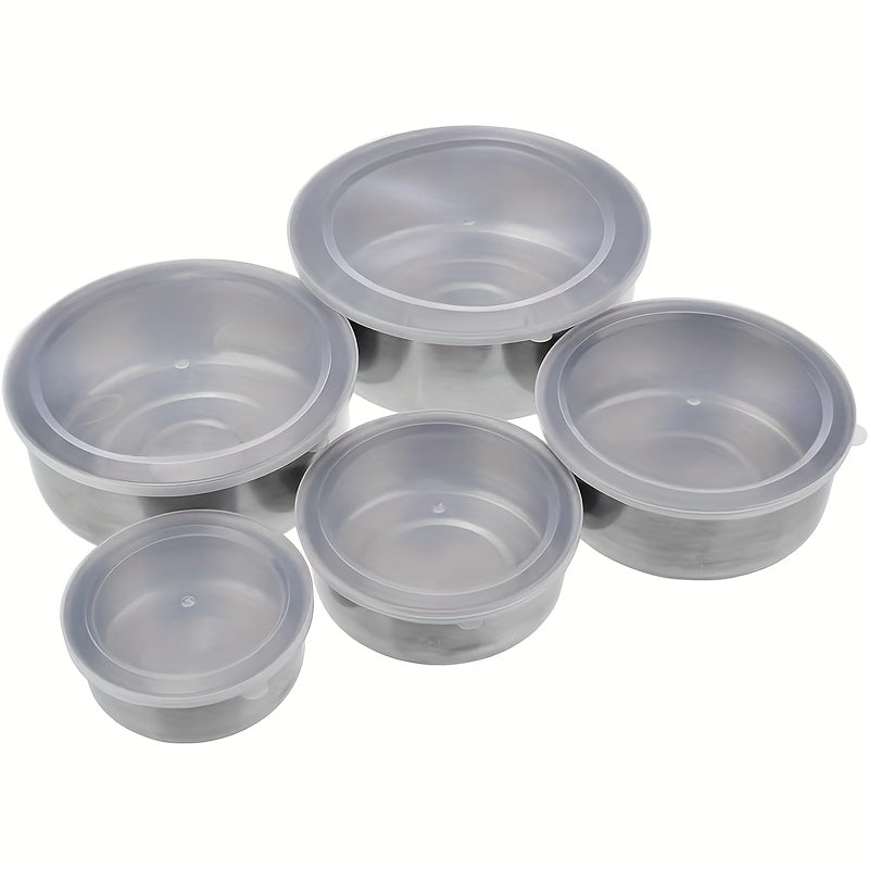 5 stainless steel storage containers with clear lids for home and kitchen organization.