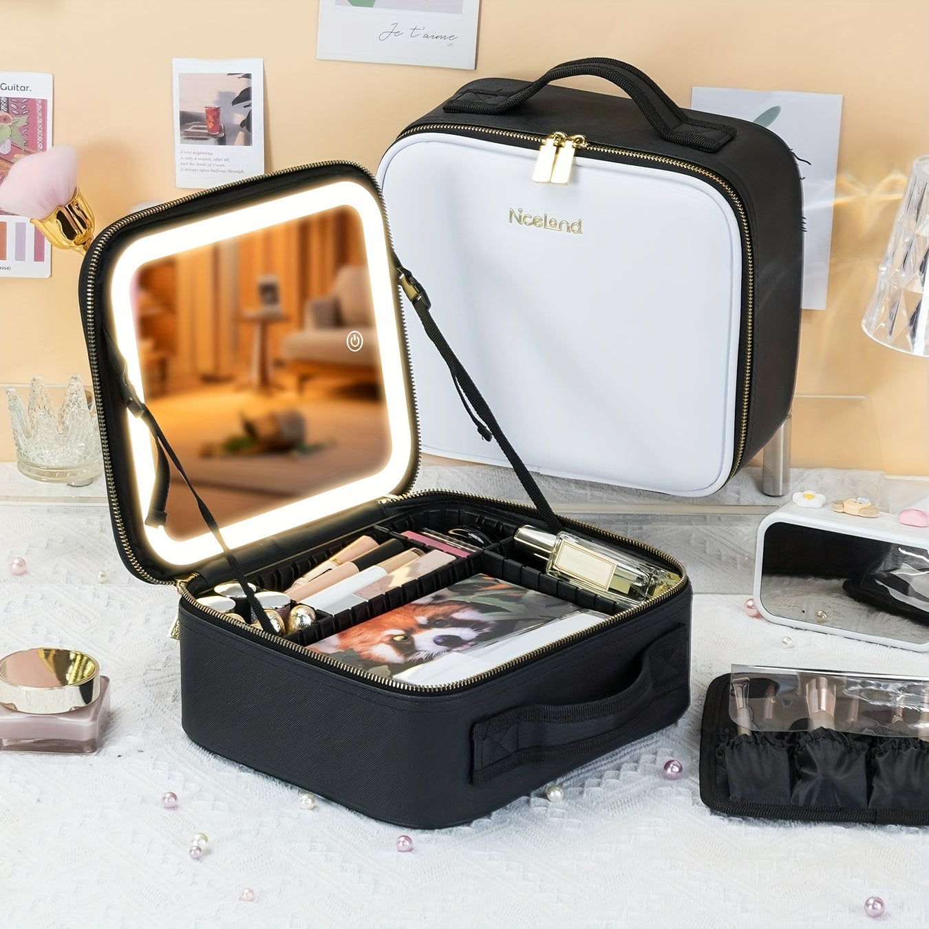 LED Travel Makeup Bag with Mirror, Adjustable Dividers, and 3 Color Settings, Organizer for Women's Beauty Tools