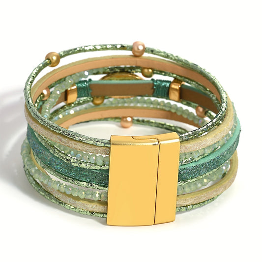 Get ready to elevate your outfit with this stunning Boho Vintage Style Multilayer Wrap Bracelet. Crafted from artificial leather and adorned with resin stones and faux crystal beads, this elegant and colorful chain is the perfect fashion accessory for