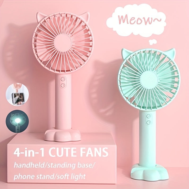 Adorable and Compact USB Handheld Fan with Bunny Ears - Ideal for Students, Dorms, and Outdoor Activities - Quiet Operation and Built-in Night Light Feature